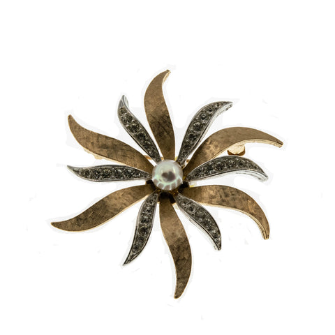Floral Adornment - Vintage Marcel Boucher Gold Plated Cultured Pearl & Crystal Flower Brooch(VBR171)