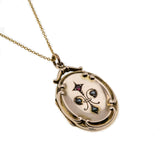 Jeweled Beauty - Victorian English 9K Gold Ruby Paste & Natural Pearl  Locket Pendant & Chain (VICP097)