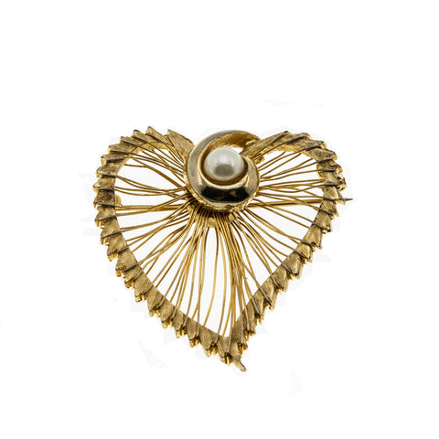 Boucher Heart - Vintage Marcel Boucher Gold Plated Cultured Pearl Wire-Work Heart Brooch (VBR186)
