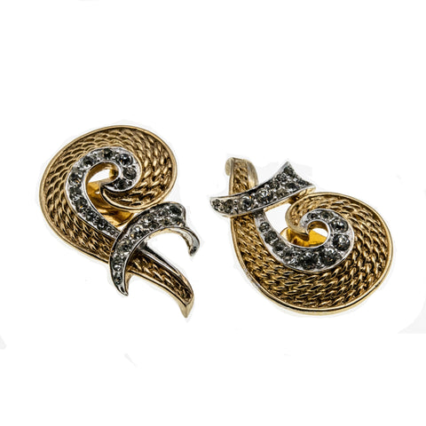 Glamorous Swirls - Vintage Marcel Boucher Gold Plated Crystal Clip-On Earrings (VE308)