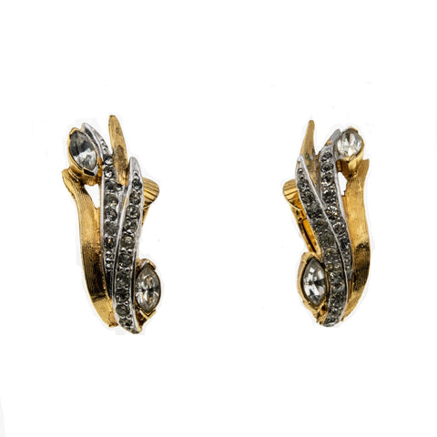 Dazzling Leaves - Vintage Marcel Boucher Gold plated Crystal Clip-On Earrings (VE310)