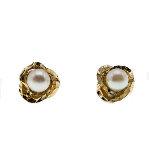 Lustrous Rosebuds - Vintage 10K Gold Cultured Pearl Flower Earrings (VE316)