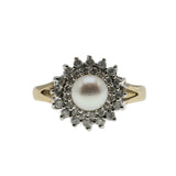 Sea & Earth - Vintage 9K Gold Cultured Pearl & Diamond Cluster Ring (VR747)