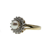 Sea & Earth - Vintage 9K Gold Cultured Pearl & Diamond Cluster Ring (VR747)