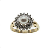 Sea & Earth - Vintage 9K Gold Cultured Pearl & Diamond Cluster Ring (VR747)