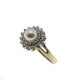 Sea & Earth - Vintage 9K Gold Cultured Pearl & Diamond Cluster Ring (VR747)