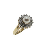 Sea & Earth - Vintage 9K Gold Cultured Pearl & Diamond Cluster Ring (VR747)