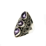 Violet Trio - Vintage Victorian Revival Sterling Silver Amethyst Ornate Ring (VR762)