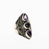 Violet Trio - Vintage Victorian Revival Sterling Silver Amethyst Ornate Ring (VR762)