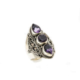 Violet Trio - Vintage Victorian Revival Sterling Silver Amethyst Ornate Ring (VR762)