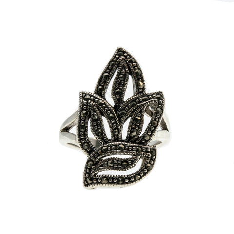 First Frost - Vintage Sterling Silver Rose Cut Marcasite Glistening Leaves Ring (VR781)