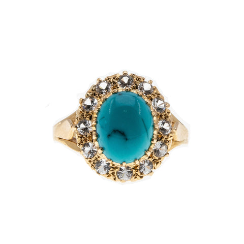 Exotic Rarity - Vintage 18K Rose Gold Natural Persian Turquoise & Cubic Zirconia  Cluster Ring (VR786)