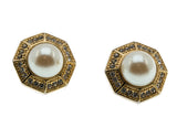 Richelieu Classics - Vintage Signed 'Richelieu' Gold Plated Faux Pearl & Crystal Rhinestone Clip - On Earrings (VE330)