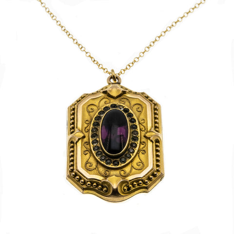 Purple Reign - Victorian Signed 'Wightman & Hough' Gold Filled Amethyst Paste Locket & Chain (VICP104)