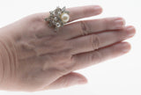 Winter Wonderland - Vintage Rhodium Plated Pearl & Crystal Cocktail Ring (VR799)