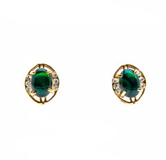 Art Glass - Vintage Gold Plated Emerald Glass & Rhinestone Stud Earrings (VE339)