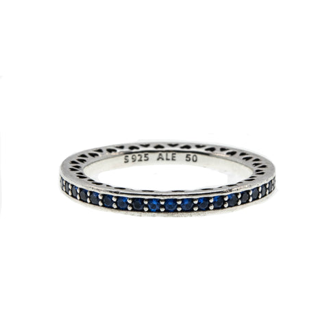 Radiant Hearts - Estate Sterling Silver Blue CZ & Enamel Heart Pandora Ring (ER277)
