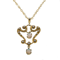 Enchantment - Vintage 9K Gold Natural Australian Opal & Genuine Pearl Lavalier Pendant (VP145)