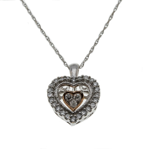 Heart Beat - Vintage 10K White & Rose gold Diamond Heart Trembler Pendant & 14K Chain (VP144)
