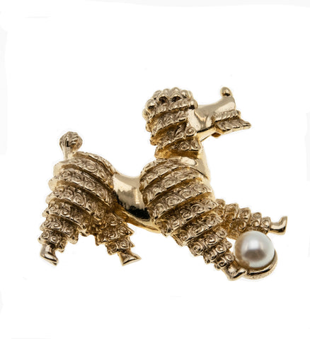 Playful Pooch - Vintage Marcel Boucher Gold Toned Cultured Pearl Poodle Playing With Ball Brooch (VBR159)