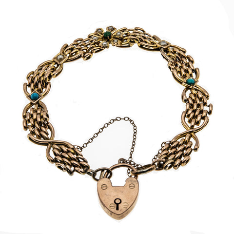 Promenade Days  - Victorian 9K Rose Gold Natural Turquoise & Seed Pearl Fancy Link Padlock Gate Bracelet & Pendant  (VICB026)