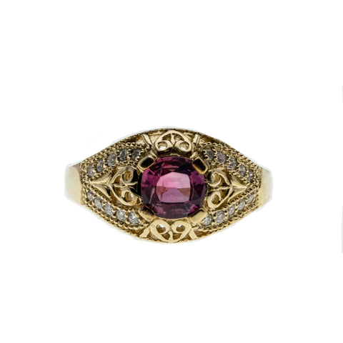 Neoclassical Adornment - Vintage Bespoke 14K Gold Pink Sapphire & Diamond Ring  (VR694)
