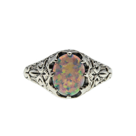Opalescent Dream - Estate Sterling Silver Opal Engraved Foliage & Scroll Ring (ER238)