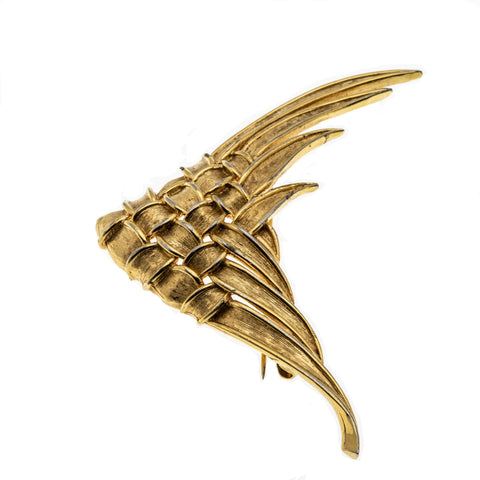 Woven Feathers Of Gold - Vintage Marcel Boucher Gold Plate Feather Brooch (VBR165)
