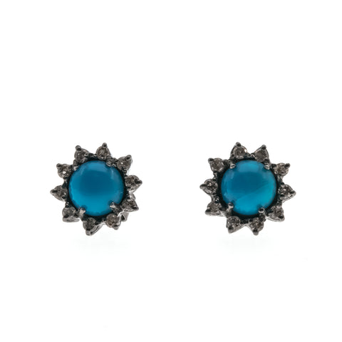 Sparkling Sea - Vintage Sterling Silver Turquoise & Diamond Stud Earrings (VE135)