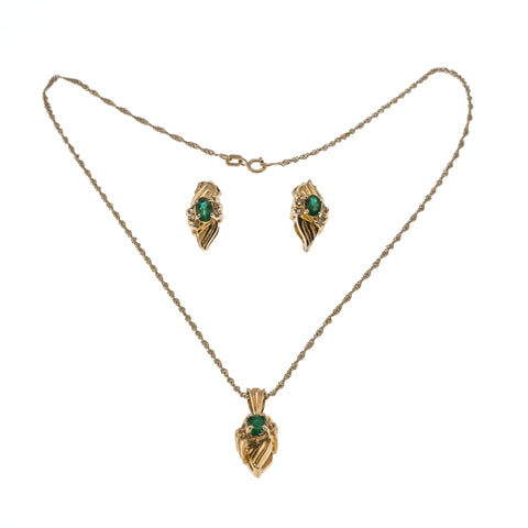 Green With Envy - Vintage Retro 14K Gold Emerald & Diamond Pendant & Earring Set (VP064)