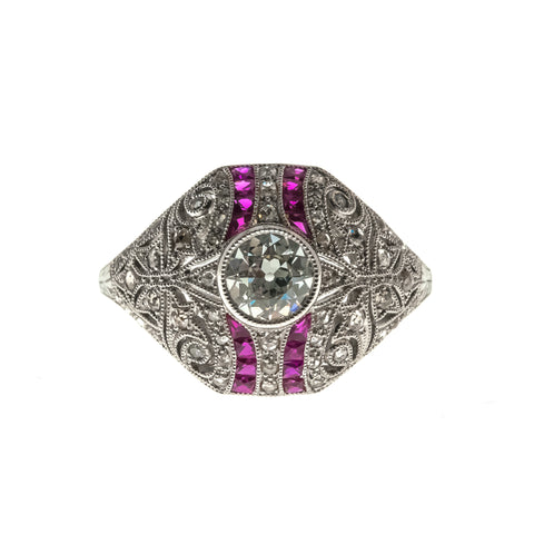 Glittering Oz - Vintage Art Deco Revival  Platinum Diamond & Ruby Ring (VR474)