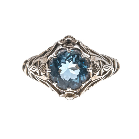 Sky - Estate Sterling Silver Blue Topaz Flower & Vine Filigree Ring (ER104)