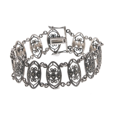 Victorian Revival - Vintage Sterling Silver Rose Cut Marcasite Ornate Bracelet (VB004)