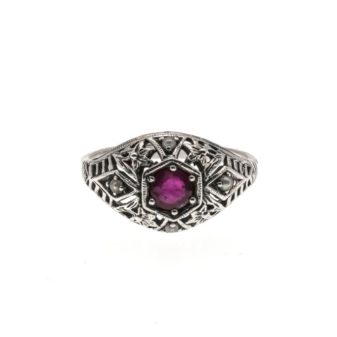 Mon Chéri - Estate Sterling Silver Natural Ruby & Seed Pearl Filigree Ring  (ER060)