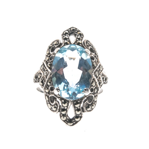 Shimmering Sky - Vintage Sterling Silver Natural Blue Topaz & Marcasite Ornate Ring  (VR055)