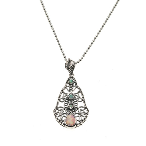 Color Your World - Estate Sterling Silver Opal Filigree Pendant & Chain (EP023)