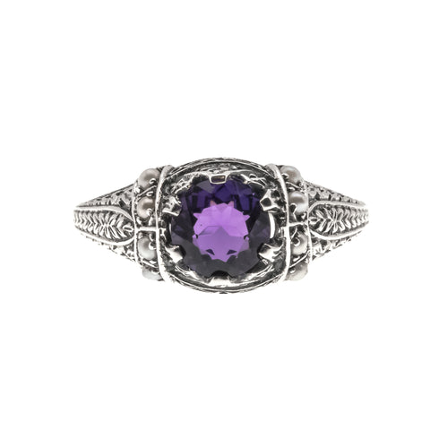 Violets By The Sea - Estate Sterling Silver Amethyst & Seed Pearl Ring (ER160)
