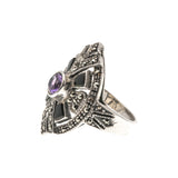 Art Deco Geometry- Vintage Sterling Silver Amethyst, Onyx & Marcasite Ring