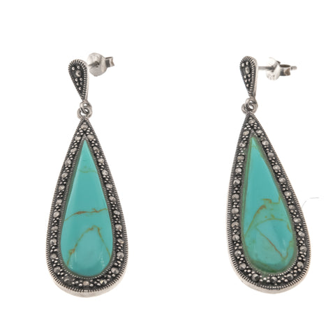 Blue Lagoon - Vintage Sterling Silver Turquoise & Marcasite Dangly Earrings (VE036)