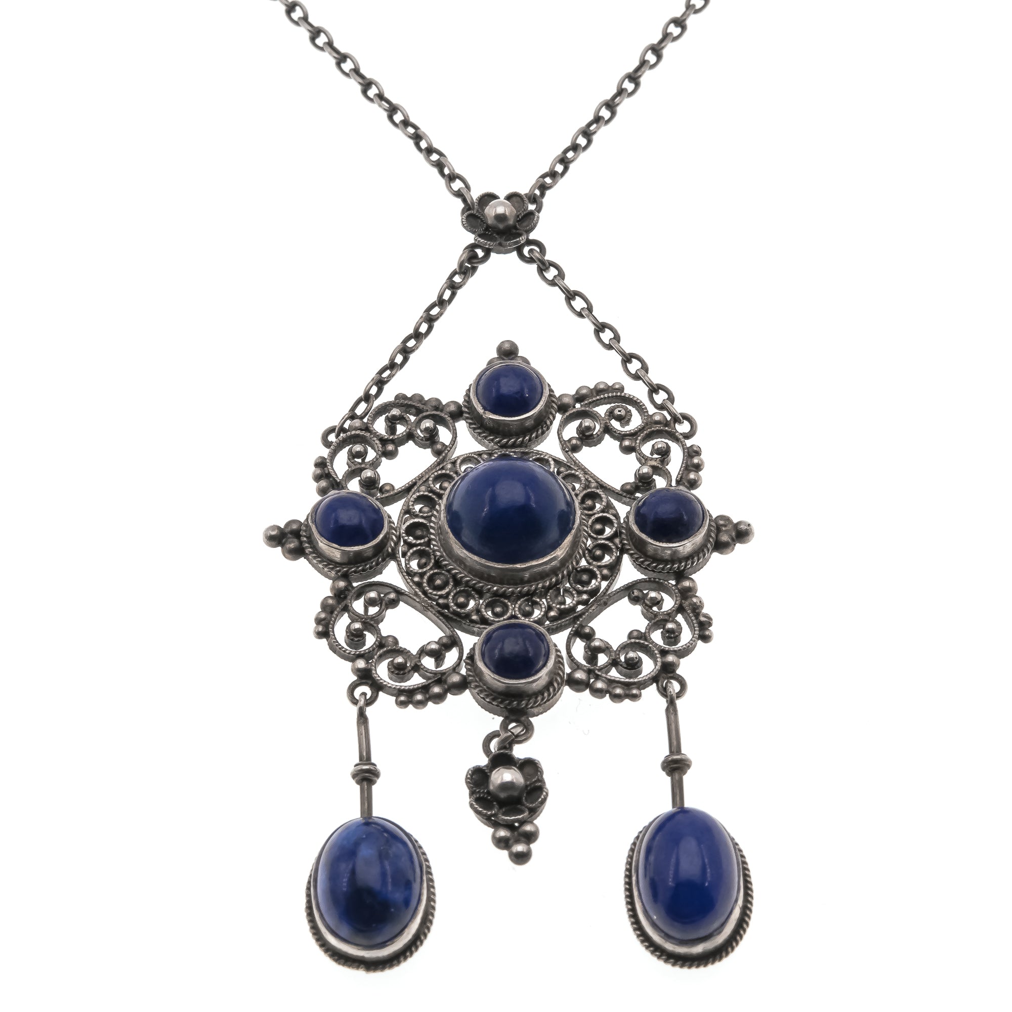 Cleopatra's Jewel -  Victorian 900 Silver Lapis Lazuli Filigree Necklace  (VICN021)