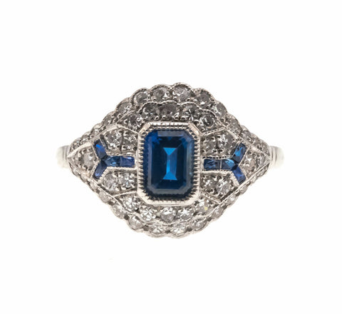Sea Of Sapphire & Diamond - Vintage Platinum Sapphire & Diamond Ring  (VR375)