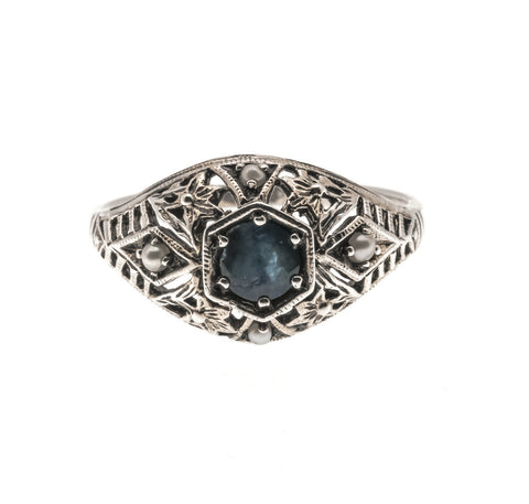 Blue Bayou - Estate Sterling Silver Sapphire & Seed Pearl Filigree Ring (ER059)