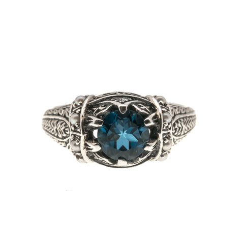 Ocean's Treasure - Estate Sterling Silver Natural London Blue Topaz & Seed Pearl Ring  (ER080)