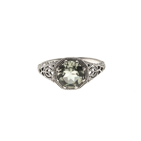 Dew - Estate Sterling Silver Natural Green Amethyst Filigree Ring (ER103)