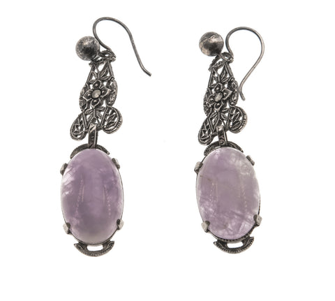Lavender Dreams - Edwardian Sterling Silver Lavender Jade & Marcasite Earrings (EDE011)