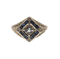 Contrasting  Geometry - Vintage 14K Gold Natural Aquamarine, Sapphire & Diamond Filigree Ring (VR114)