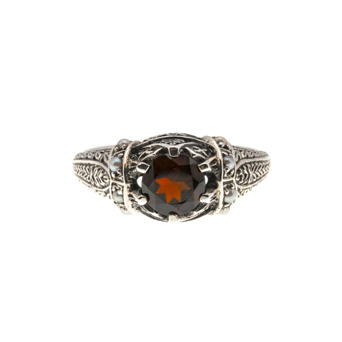 Red Sea Jewel - Estate Sterling Silver Natural Garnet & Seed Pearl Ring  (ER124)
