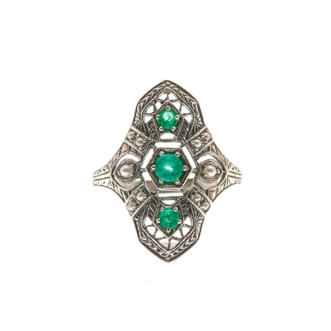 Green With Envy - Estate Sterling Silver Natural Emerald & Seed Pearl Filigree Ring (ER063)