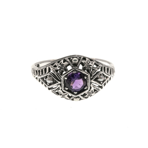 Purple Moon Over The Sea - Estate Sterling Silver Natural Amethyst & Seed  Pearl Filigree Ring  (ER061)