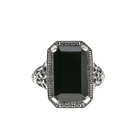 Night Of intrigue - Estate Sterling Silver Black Agate Filigree Ring (ER135)